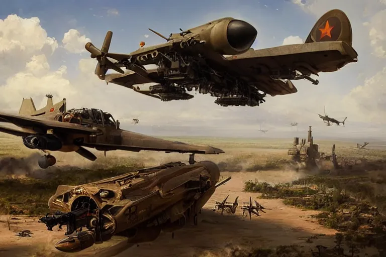 Image similar to A steampunk A10 fairchild republic warthog a close support fighter plane shooting it's gatling gun, mattepainting by Greg Rutkowski Raphael Lacoste and John Berkey, realistic, raytracing, trending on Artstation