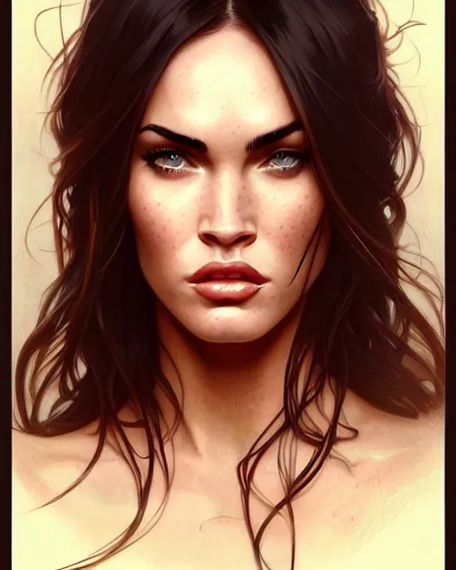 Prompt: portrait of megan fox with angry face expression, intricate, headshot, highly detailed, digital painting, artstation, concept art, sharp focus, cinematic lighting, illustration, art by artgerm and greg rutkowski, alphonse mucha, cgsociety