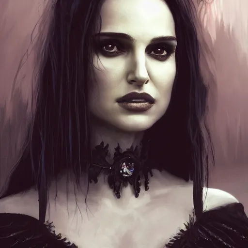 Prompt: closeup portrait of a young natalie portman in a gothic dress, eerie colors, dramatic light, gorgeous view, depth, high detail, digital art, painted by greg rutkowski and seb mckinnon, by tim burton, trending on artstation