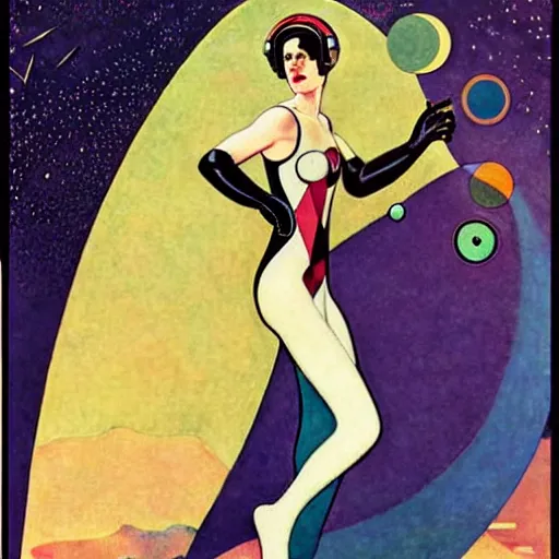 Image similar to Art by Coles Phillips, Eva Green as Space Commander Zeta from the Year 3000, Mucha, Kandinsky,