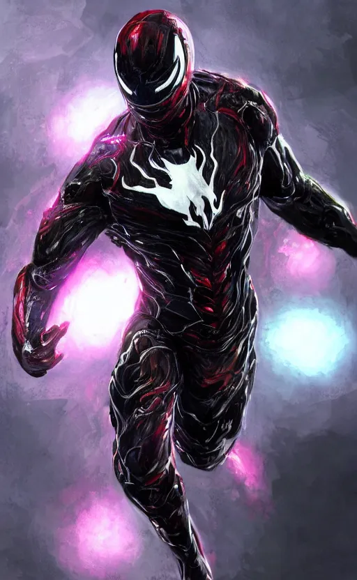 Image similar to venom in a venom inspired ironman suit, purple, black and red, dynamic lighting, photorealistic fantasy concept art, trending on art station, stunning visuals, terrifying, creative, cinematic