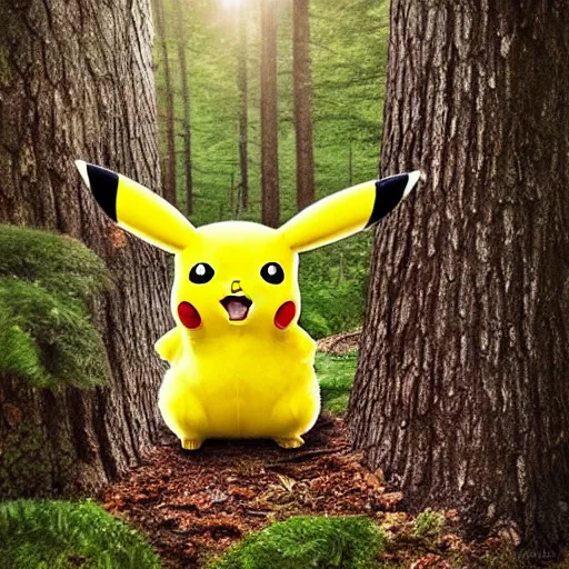 Prompt: pikachu in a forest, realistic, national geographic wildlife photography, wildlife, fluffy, cute, real