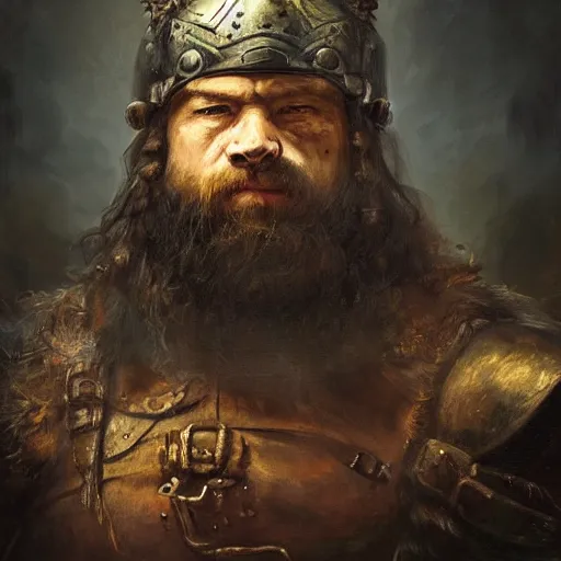 Prompt: high quality oil painting portrait of tough dwarf worrior with iron helm and long beard by Rembrandt and Raymond Swanland, dark background, high fantasy, perfect lighting