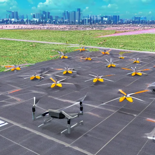 Image similar to A swarm of drones landing at a airport. Futuristic, bright colors, during the day, no clouds, Hyper realistic, bright colors, 8k.