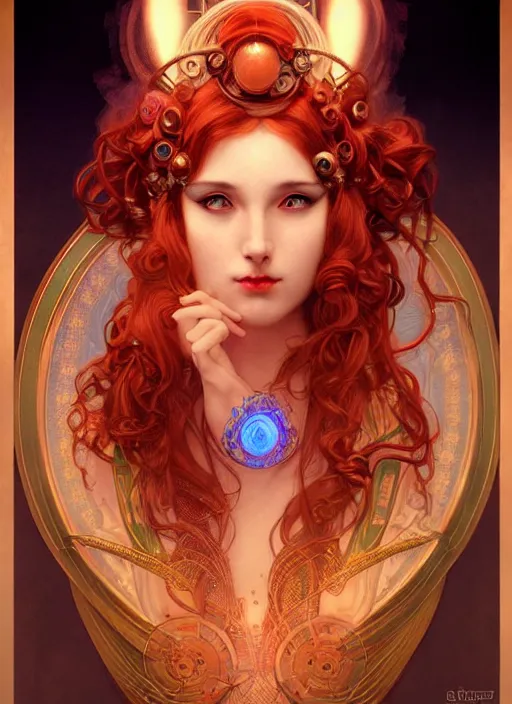 Prompt: the goddess hestia, hair on fire, steampunk, glowing eyes, beautiful eyes, volumetric lights, red and cyan theme, art nouveau botanicals, intricate, highly detailed, digital painting, artstation, concept art, smooth, sharp focus, cinematic, illustration, beautiful face, art by artgerm and greg rutkowski and alphonse mucha