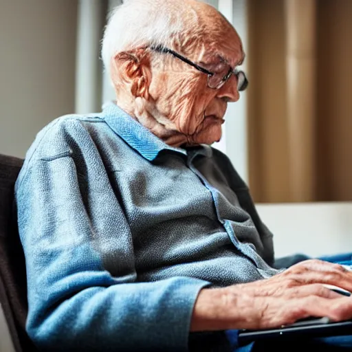 Prompt: elderly man in a coffin browsing internet on laptop