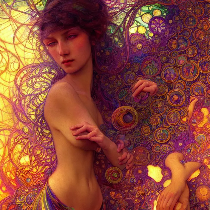 Prompt: extremely psychedelic quantum macro, DoF, LSD, diffuse lighting, fantasy, intricate, elegant, highly detailed, lifelike, photorealistic, digital painting, artstation, illustration, concept art, smooth, sharp focus, art by John Collier and Albert Aublet and Krenz Cushart and Artem Demura and Alphonse Mucha