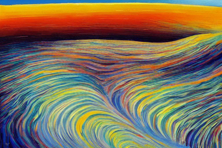 Prompt: Psychedelic sci-fi dreamworld. Landscape painting. Organic. Winding rushing water. Waves. Clouds. Wayne Thiebaud