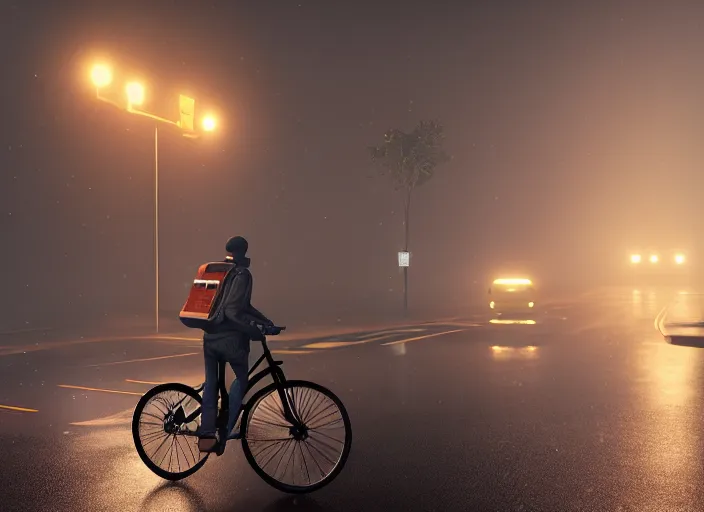 Image similar to uber eats delivery driver on a bicycle, mega details, greg rutkowski, orange lights, heavy rain, fog, beautiful rtx reflections, photorealistic, unreal engine 5, octane render, volumetric light, cg society, 4 k, bokeh, artstation