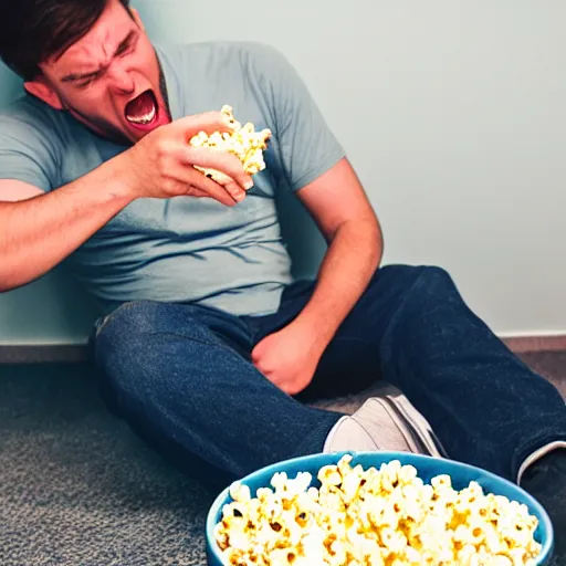 Image similar to photo of a man eating popcorn, another man on the floor with a broken back, another man on the floor vomiting all over himself, and another man breaking the roof