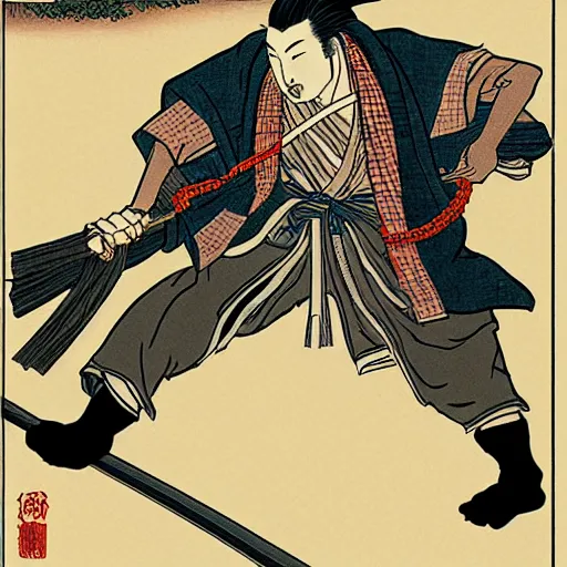 Image similar to by hokusai, samurai man vagabond, the samurai holds chains, detailed, editorial illustration, matte print, concept art, ink style, sketch, digital 2 d