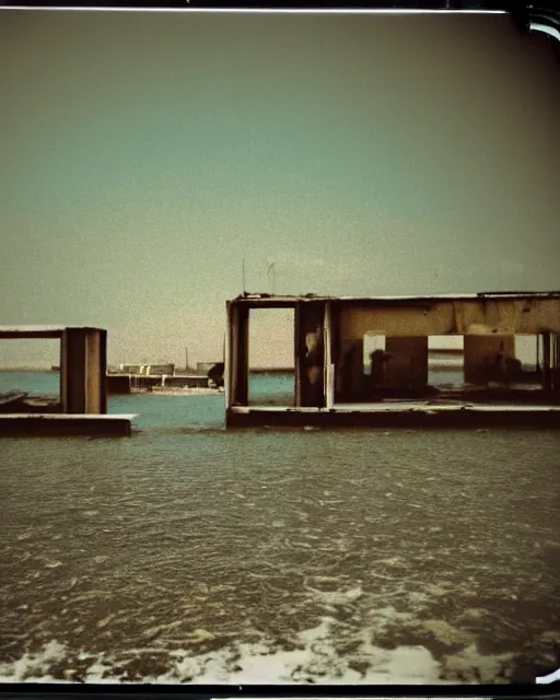 Prompt: Abandoned futuristic 70s structures floating in the water, two point perspective, photograph, polaroid, dilapidated look, Grainy, expired film