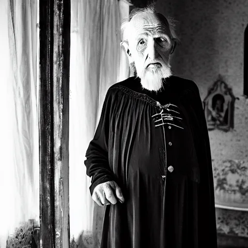 Image similar to count of durres, a 1 0 0 year very old man, dignified but aged face, night gown, hunched over, rare hair, black and white photography inside an old mansion