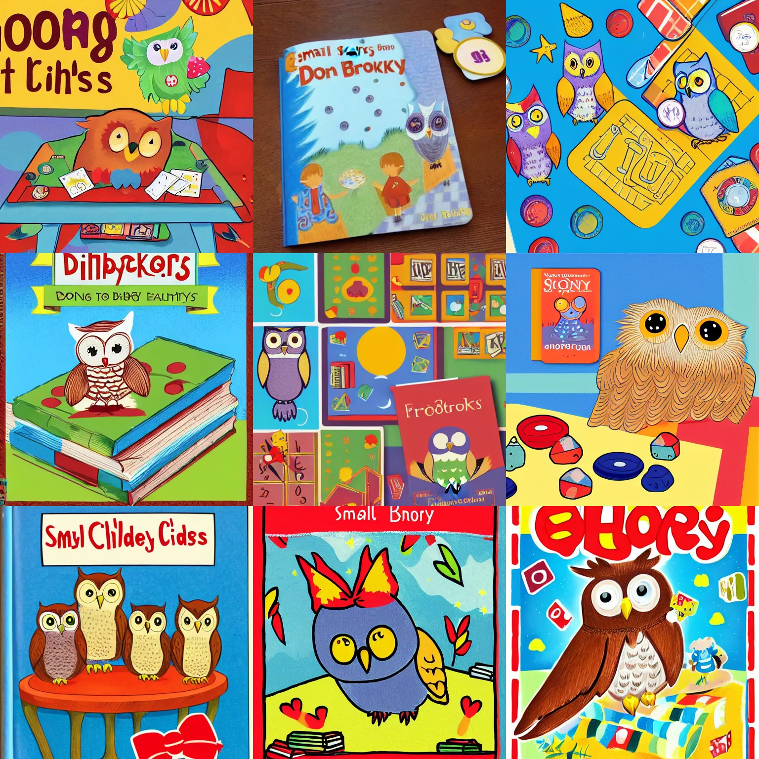 Prompt: Front cover of a small childrens Book, board games on a table, with a cute fluffy baby owl, Illustration for small Children in the style of Dorothy Brook, primary color scheme
