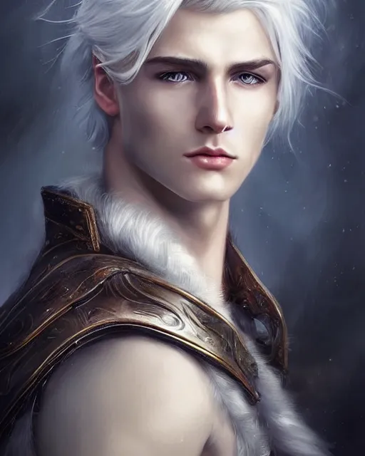 Prompt: a beautiful male, 8 k, hyperrealistic, hyperdetailed, white hair, blue eyes, fantasy portrait by laura sava