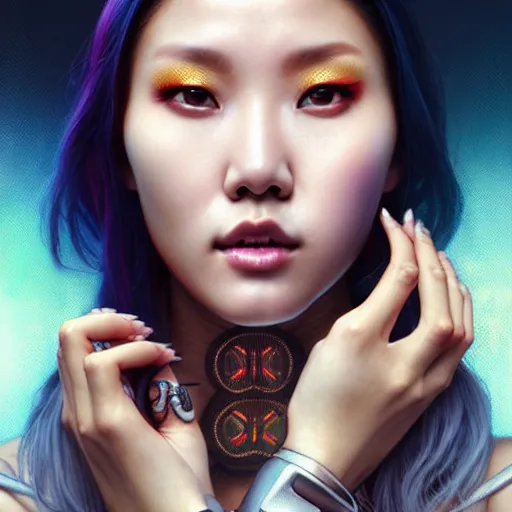 Image similar to portrait painting of cyberpunk hwasa mamamoo as a street doctor with a halo, ultra realistic, concept art, intricate details, eerie, highly detailed, photorealistic, octane render, 8 k, unreal engine. art by artgerm and greg rutkowski and magali villeneuve and alphonse mucha