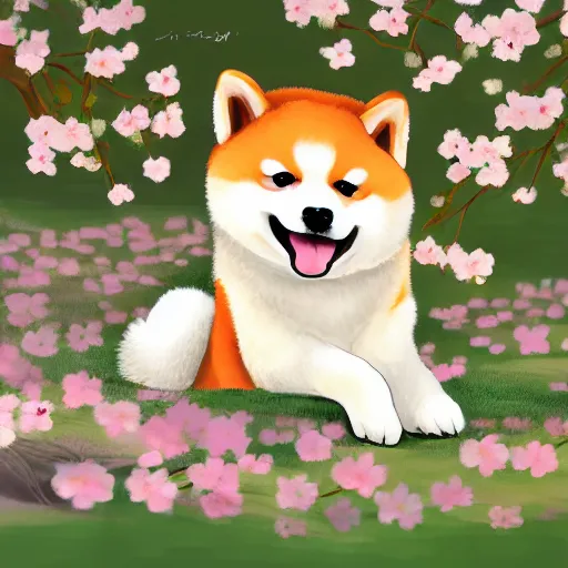 Image similar to a cute fluffy shiba inu plays under the cherry blossom tree, highly detailed, digital painting, artstation, concept art, movie still, smooth, sharp focus uhd 8 k