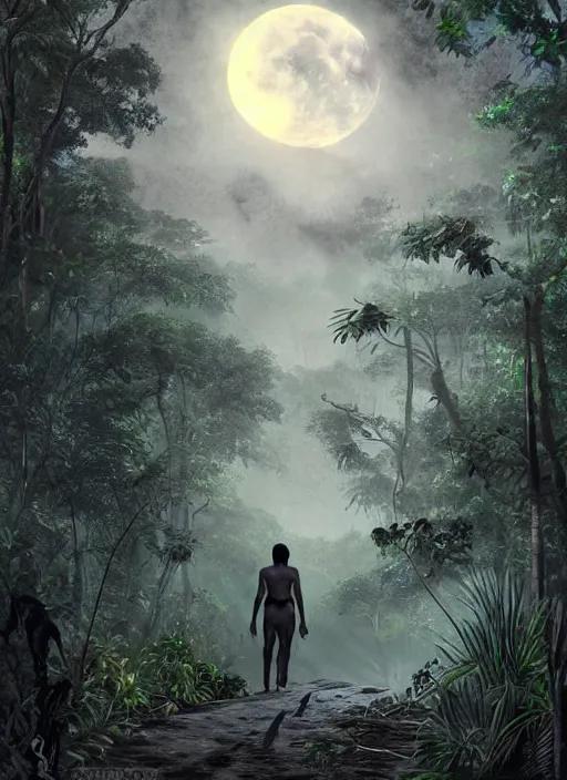 Prompt: a beautiful matte painting of a black jaguar walking in the jungle at night, with full moon in the sky, ayahuasca, by Pablo Amaringo