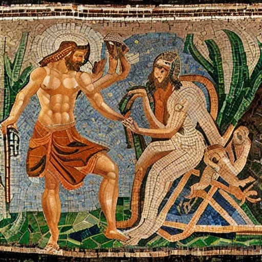 Image similar to a beautiful roman mosaic of adam, eve and the serpent by michaelangelo, rome, 1 0 0 ad