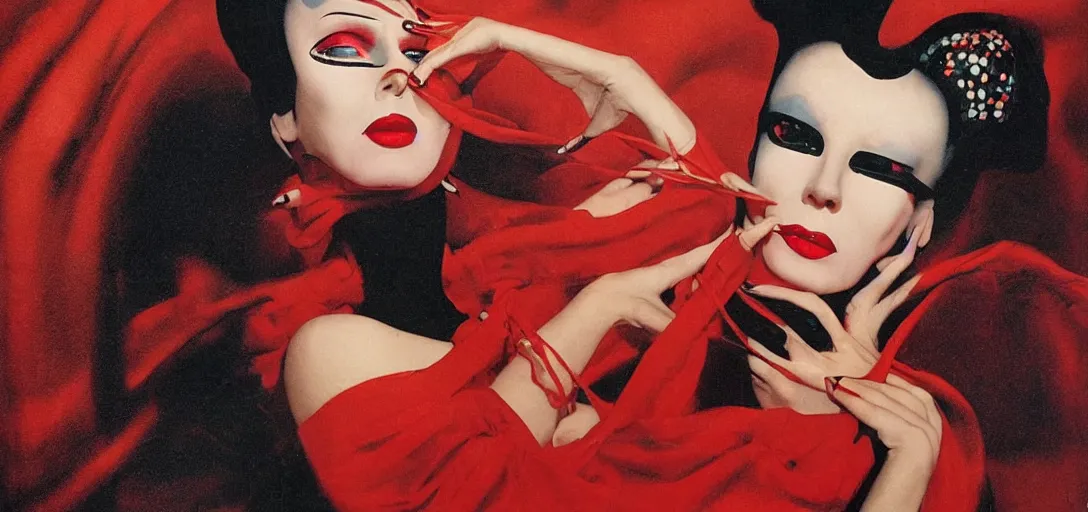 Prompt: an 8 0 s portrait of a woman with dark eye - shadow and red lips with dark slicked back hair dreaming acid - fueled hallucinations wearing a mask of beads by serge lutens, rolf armstrong, delphin enjolras, peter elson, flat surreal psychedelic colors, background of classic red cloth