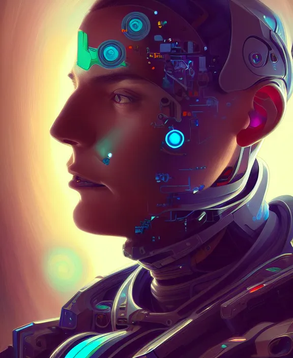 Image similar to a whirlwind inside the metaverse, guy, male, man, hologram, half body, neurochip, android, cyborg, cyberpunk face, by loish, d & d, fantasy, intricate, elegant, highly detailed, colorful, digital painting, artstation, concept art, art by artgerm and greg rutkowski and alphonse mucha