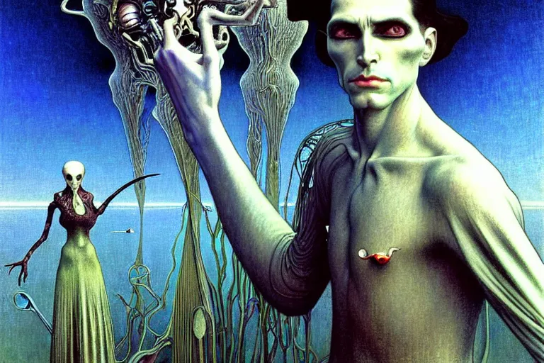 Prompt: realistic extremely detailed portrait painting of an elegantly creepy vampire man in cape, futuristic sci-fi landscape on background by Jean Delville, Amano, Yves Tanguy, Alphonse Mucha, Ernst Haeckel, Edward Robert Hughes, Roger Dean, rich moody colours, blue eyes