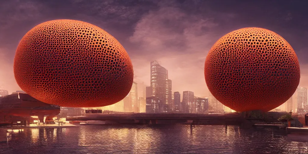 Image similar to An epic architectural rendering of a blob shaped trypophobia house with a mysterious red glow emitting from inside in a modern cityscape next to a river, stunning, gorgeous, golden ratio, photorealistic, featured on artstation, 4k resolution