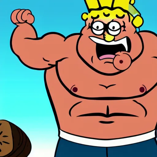 Image similar to a hairy muscular man in the style of spongebob
