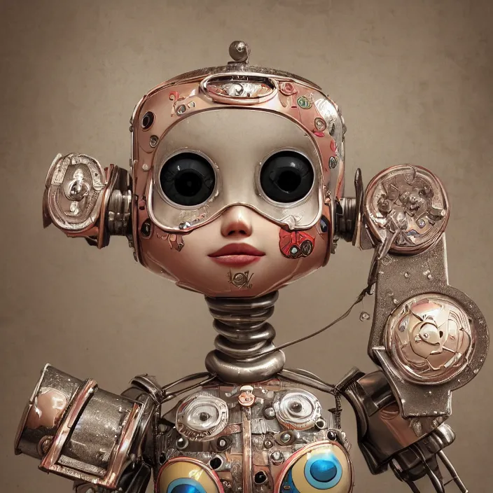 Image similar to closeup portrait of tin toy robot bikini girl trap, depth of field, zeiss lens, detailed, symmetrical, centered, fashion photoshoot, by nicoletta ceccoli, mark ryden, lostfish, breathtaking, 8 k resolution, extremely detailed, beautiful, establishing shot, artistic, hyperrealistic, octane render