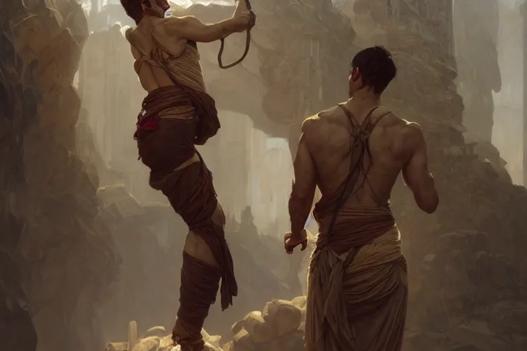 Prompt: a man tied to a pillar, highly detailed, hyperrealistic digital painting, artstation, concept art, smooth, sharp focus, illustration, cinematic lighting, art by artgerm and greg rutkowski and alphonse mucha