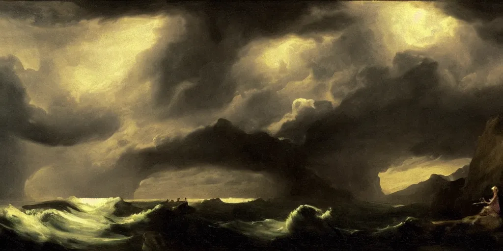 Image similar to a princess, big monster on the horizon, goya the colossus, snowy fjord, storm clouds, dramatic lighting, hudson river school, afternoon