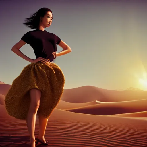 Image similar to innovative avant-garde art, deco fashion, asian women, wearing skirt, highly detailed, photo-realistic portrait, serene desert setting, golden hour, crisp quality and light reflections, unreal engine 5 quality render