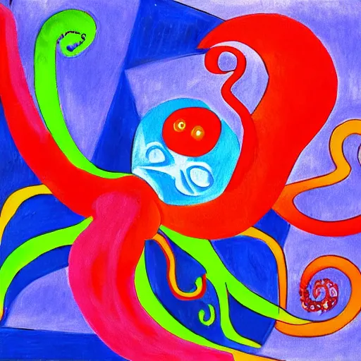 Prompt: picasso painting of colorful abstract octopus