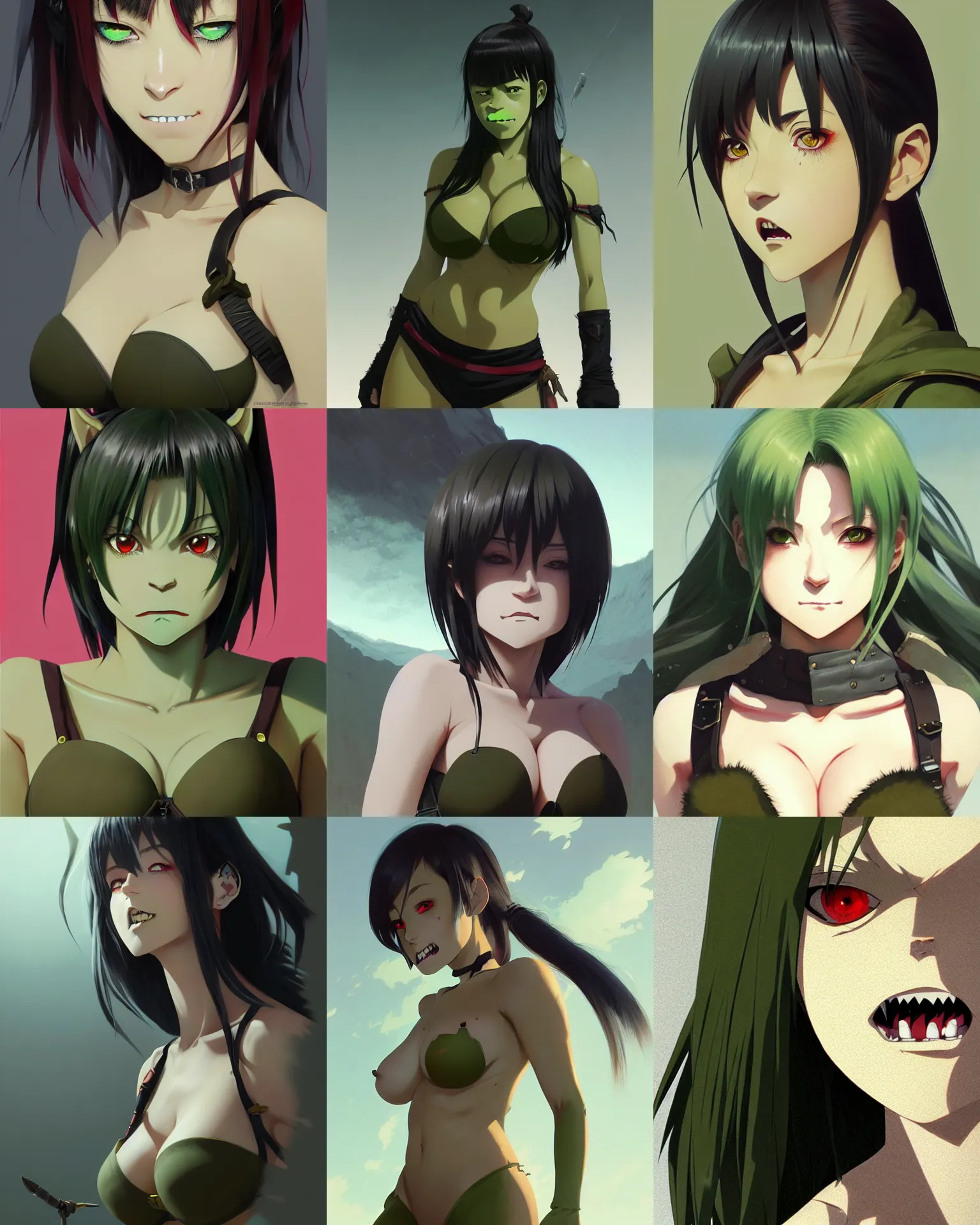 Prompt: a female orc with dull fangs and olive green skin | | very anime, fur bra, fine - face, pretty face, realistic shaded perfect face, fine details. anime. realistic shaded lighting poster by ilya kuvshinov, katsuhiro otomo, greg rutkowski, magali villeneuve, artgerm, jeremy lipkin and michael garmash and rob rey