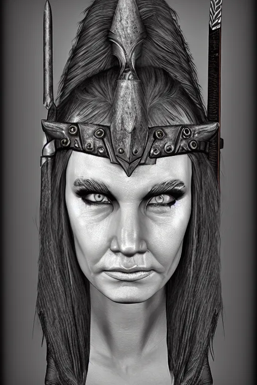 Prompt: head and shoulders portrait of a barbarian, female, high fantasy, dnd, face details