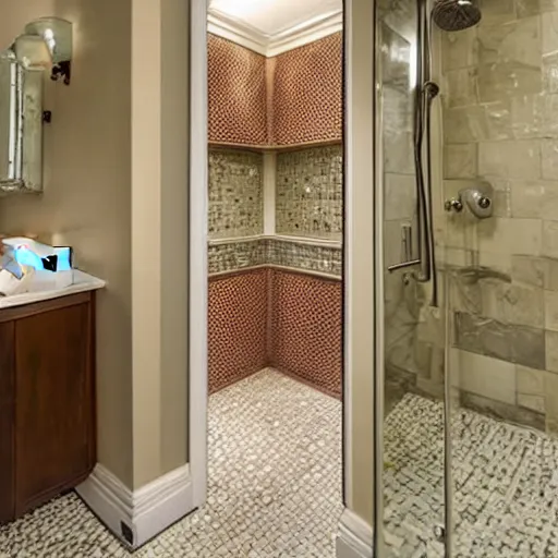 Image similar to photo of a shower in a bathroom with an elephants trunk coming up the train into the shower stall