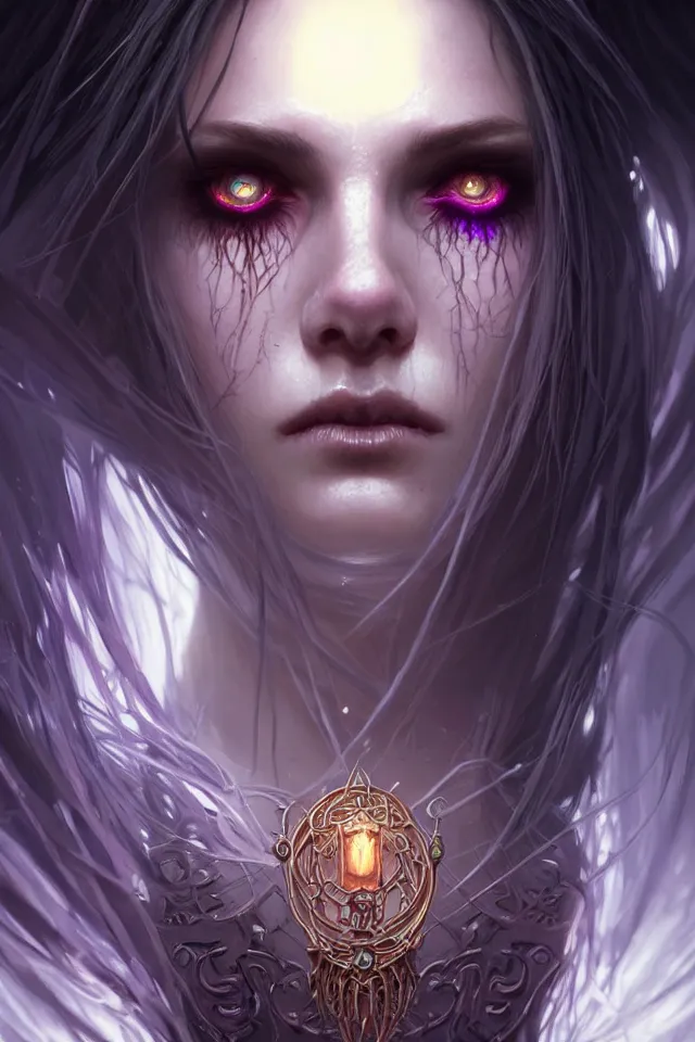 Image similar to Necromancer Sorceress face close-up macro in center, fantasy magic, undercut hairstyle, dark light night, intricate, elegant, sharp focus, illustration, highly detailed, digital painting, concept art, matte, art by WLOP and Artgerm and Greg Rutkowski and Alphonse Mucha, masterpiece