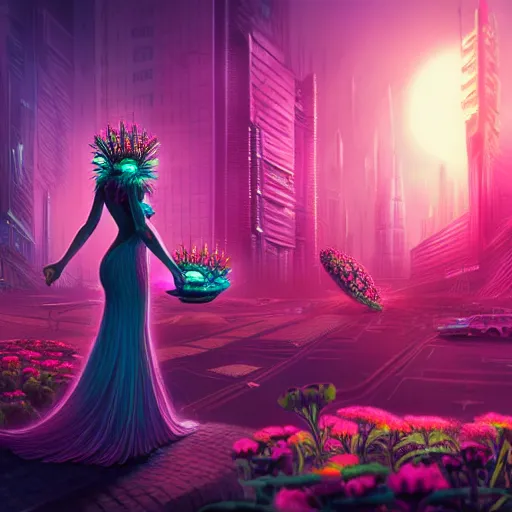Prompt: Beautiful 3d render of the flower queen in a sensual pose, in the style of Dan Mumford, with a crowded futuristic cyberpunk city in the background, astrophotgraphy