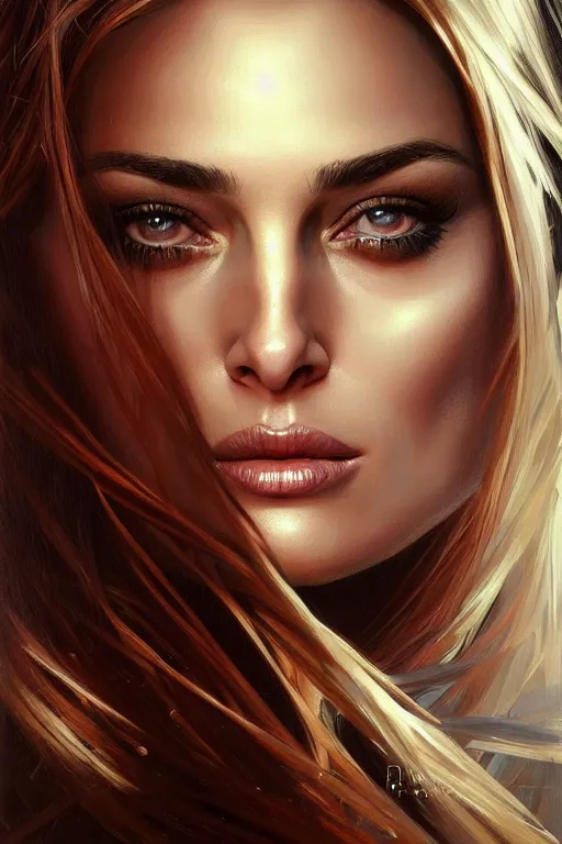 Image similar to symmetry!! high quality portrait of a woman who resembles carmen electra!! mixed with natalie portman in the style of god of war, machine parts embedded into face, intricate, elegant, highly detailed, digital painting, artstation, concept art, smooth, sharp focus, illustration, art by artgerm and greg rutkowski and alphonse mucha, 8 k