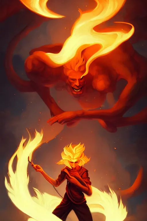 Image similar to character art by peter mohrbacher, young man, blonde hair, on fire, fire powers
