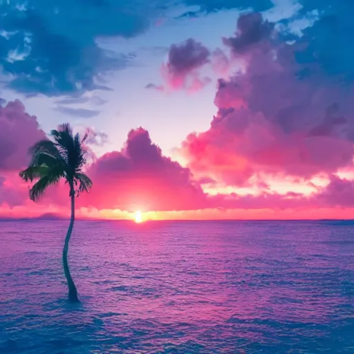 Prompt: Photo of the middle of the ocean, tiny, hilly islands made of sand, a couple of palm trees, sunset, pink clouds, dreamy, enchanting, ultrarealistic, establishing shot