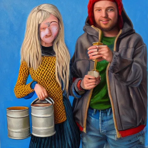 Image similar to a highly detailed painting of a young couple holding a tin can, hjalteyri, summer, blonde hair, trending on artstation,