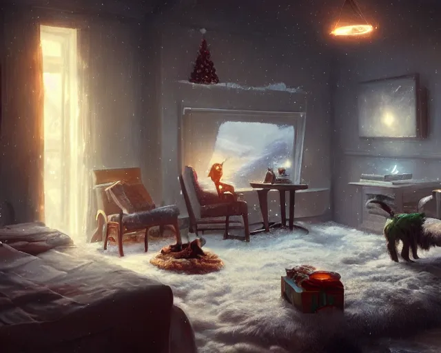 Prompt: a christmas eve photorealistic painting, cozy home, interior, sci - fi, wlop, concept art, octane render, deviantart, greg rutkowski, cinematic, key art, hyperrealism