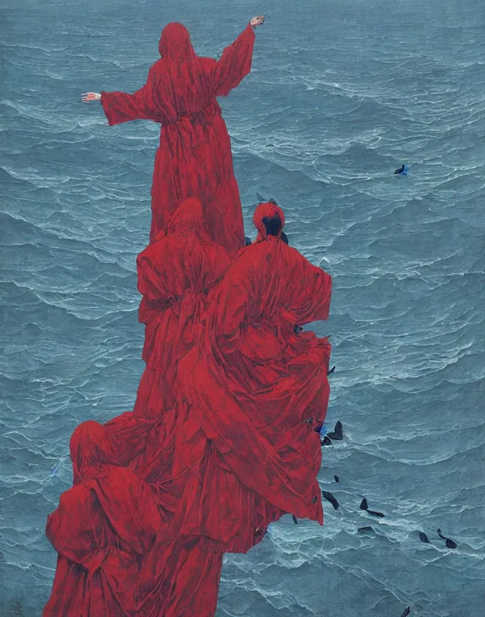 Image similar to worshippers in robes belonging to the cult of the lighthouse standing in waves, a lighthouse, high detailed Beksinski painting, part by Adrian Ghenie and Gerhard Richter. art by Takato Yamamoto. masterpiece, deep colours, red, blue