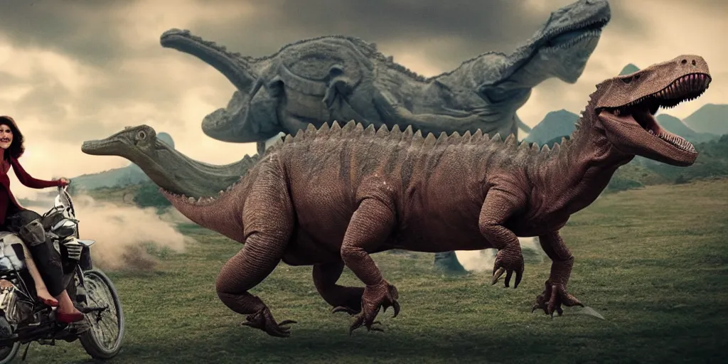 Prompt: mirtha legrand riding a dinosaur, cinematic, 4 k, movie