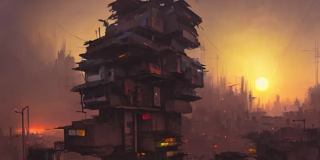 Image similar to Ian McQue Lee painting of a cyberpunk African favela, hazy sunset with dramatic clouds, asymmetrical, trending on Artstation, High quality image