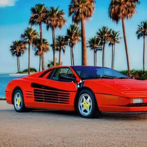 Prompt: Ferrari Testarossa parked on a coast road with a beach and palm trees