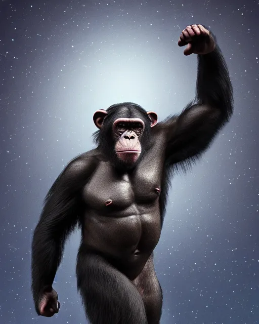 Prompt: very detailed high resolution illustration of a muscular chimpanzee, backlit, stars, night, surrounded, 3 d, 8 k, extremely detailed, artstation, award winning