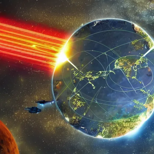 Image similar to Earth defenses 1556, space satellites, lasers firing, space station, missiles, weapon arrays, explosions, bright thin lasers, beautiful lighting