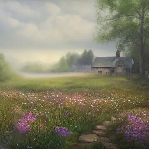 Image similar to a matte painting of a prairie, cottage close up, river, foggy, patchy flowers, oil painting, pale colors, high detail, 8 k, wide angle, trending on artstation,